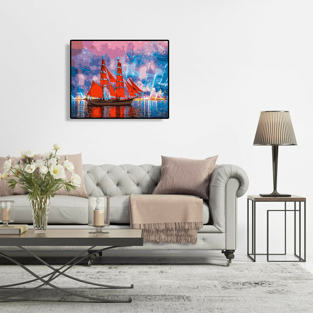 Oil Painting By Numbers Kit DIY Red Sailboat Hand Painted Digital Canvas @