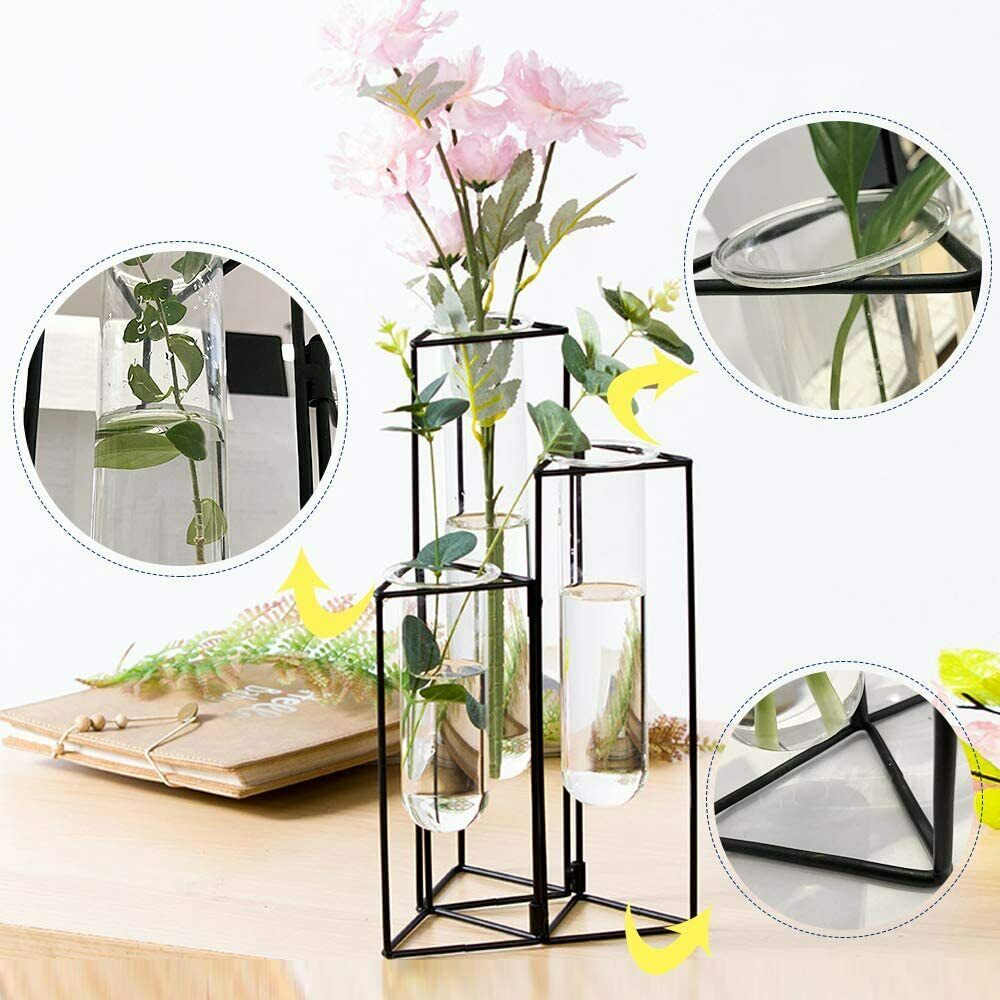 Glass Test Tubes Vase Flower Hydroponic Planter Stand Rack Decor with Iron Frame