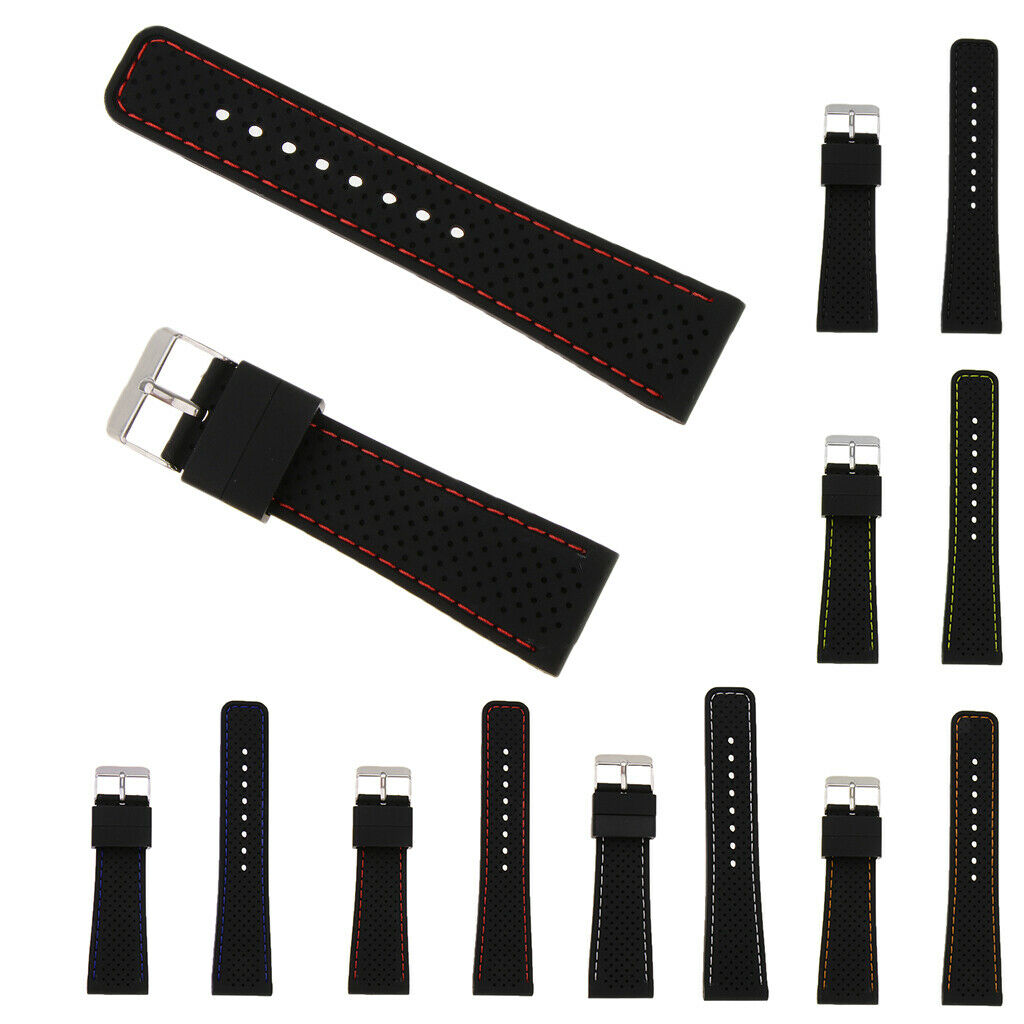 Soft 24mm Black Silicone Rubber Watchband with Stitch Line Black Stitch
