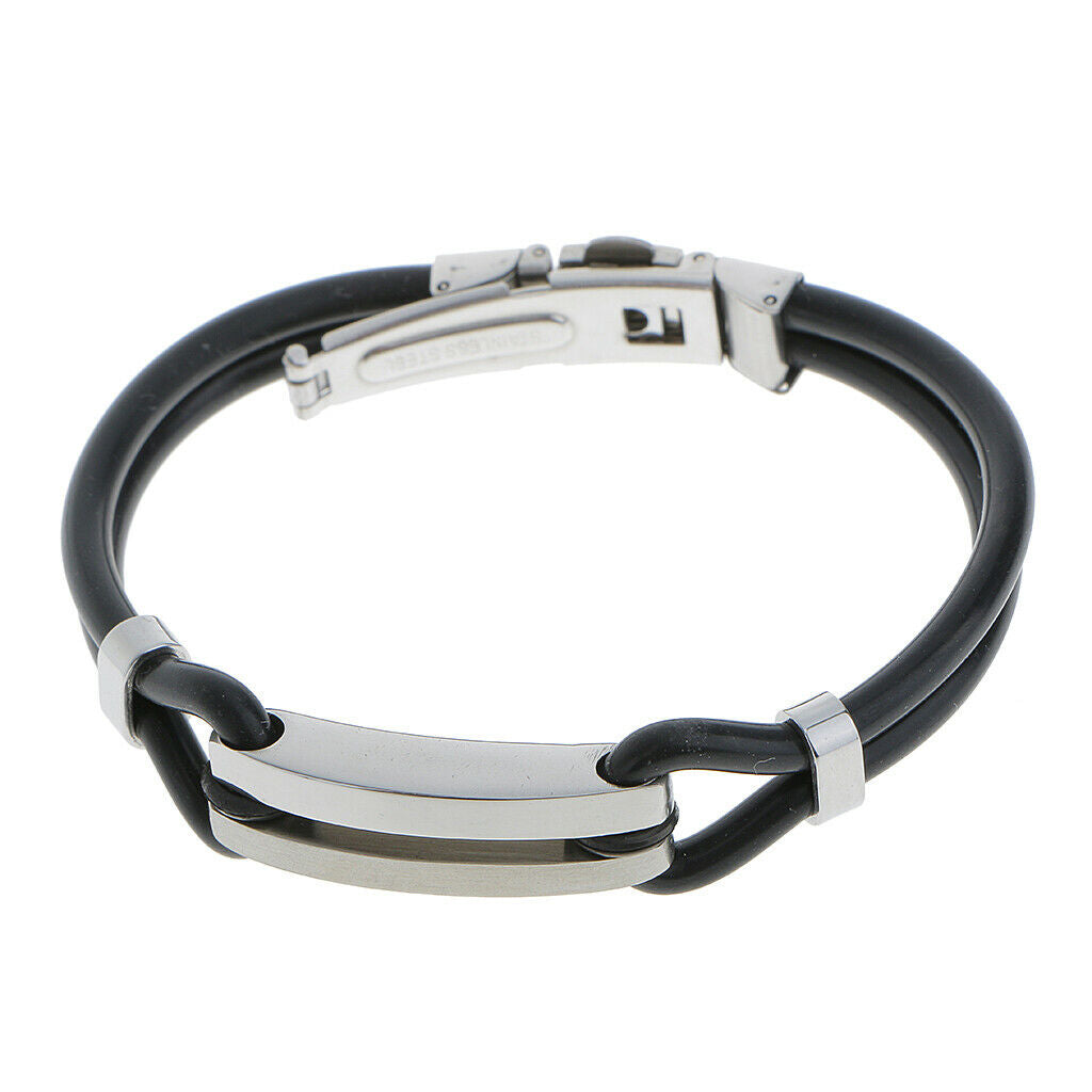 Simple Style Cool Stainless Steel Mens Rubber Fold Over Clasp Wristband Bracelet
