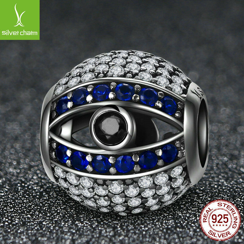 European 925 Sterling Blue Eye of God Zircon CZ Round bead solid charm for women