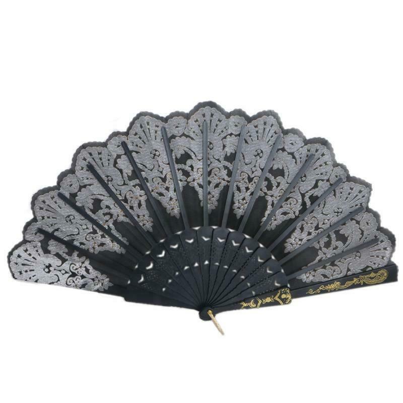 Black Spanish Style Dance Party Wedding Lace Silk Folding Hand Held Flower Fan