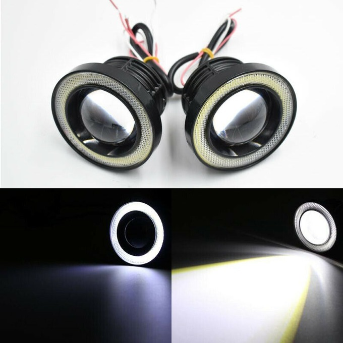 2PCS White 3 Inch LED Projector COB Angel Eye Fog Light Halo Ring Driving Lamp