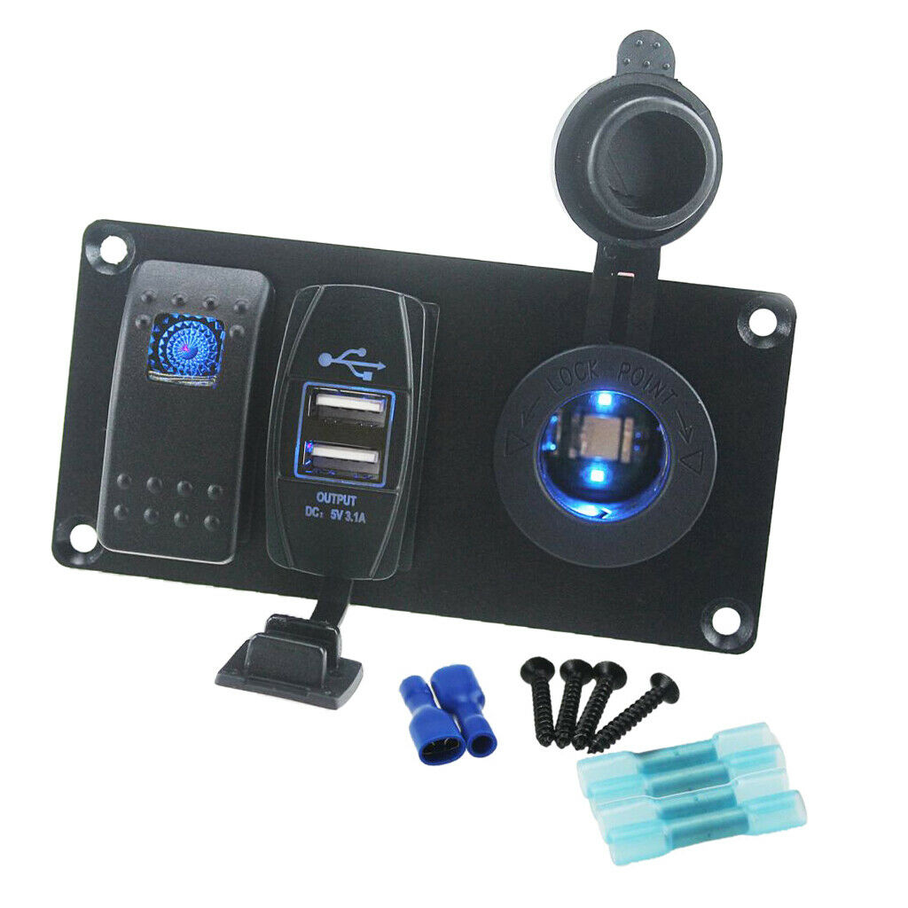 Car Boat Panel Blue Rocker Switch + USB Power Charger + Cigarette lighter