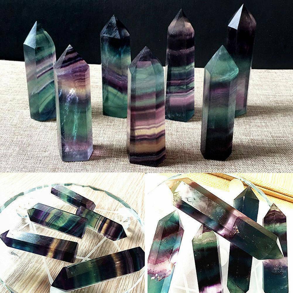 50G 100% Colorful Natural Fluorite Quartz Crystal Wand Point DIY Healing Stone