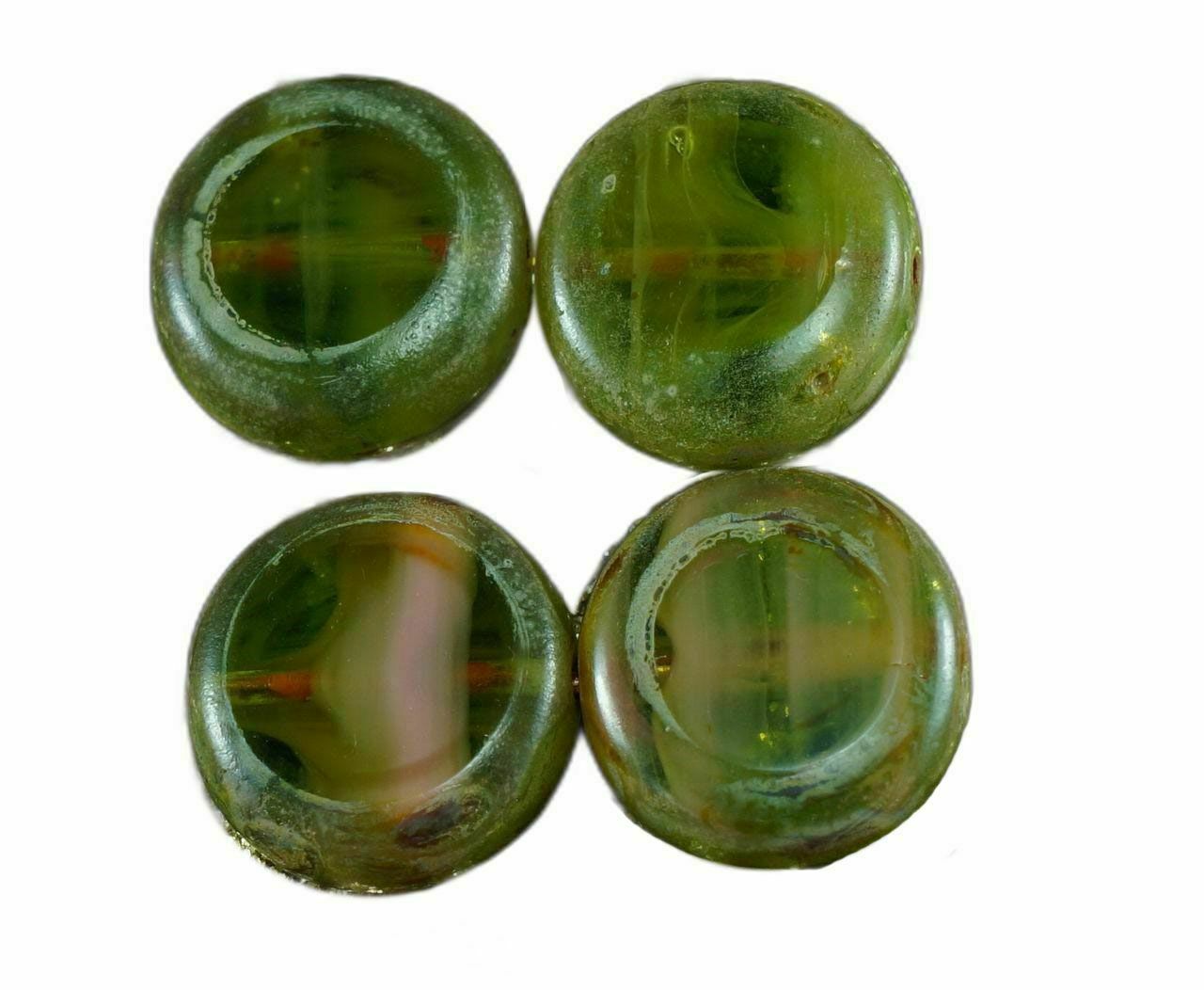 Picasso Brown Green Crystal Czech Glass Flat Round Coin Beads Table Cut Table...