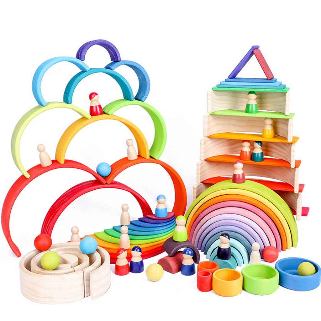 Lots 11 Wooden Rainbow Building Blocks Boards Toddler Early Learning Toys