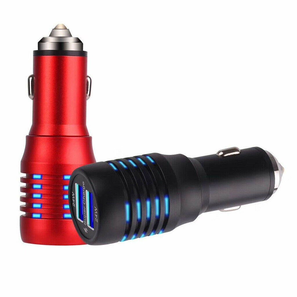 Car Charger, Dual USB Port Cigarette Lighter Adapter Safety Hammer Red