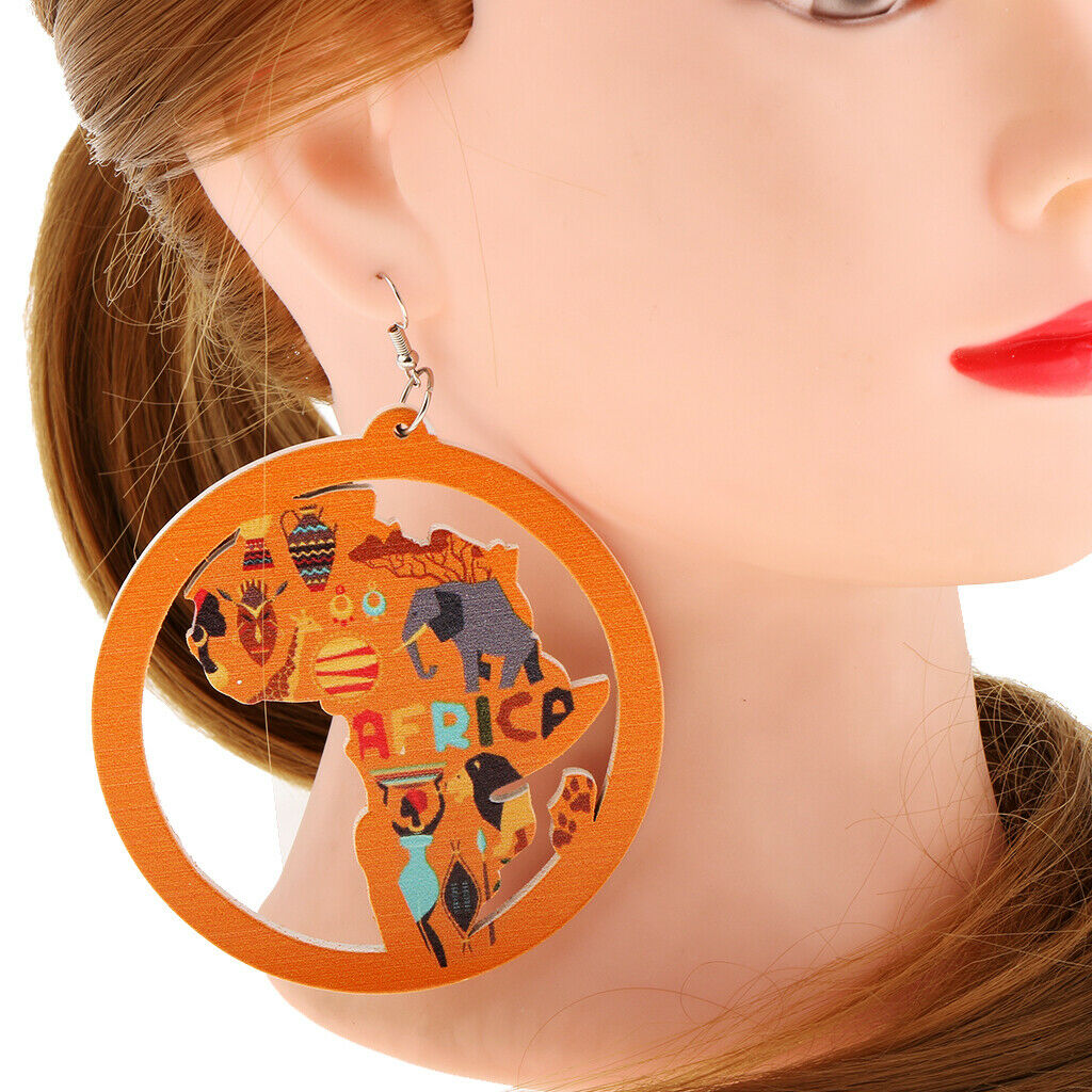 Wooden Dangler African Map Dangle Earrings Exaggerate Round Wood Hollow Hook