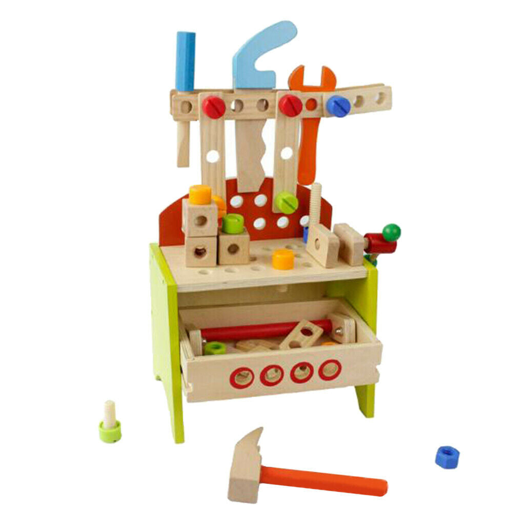 Toddler Workbench with Tools Accessories Playset, Wooden Building Set Hammer