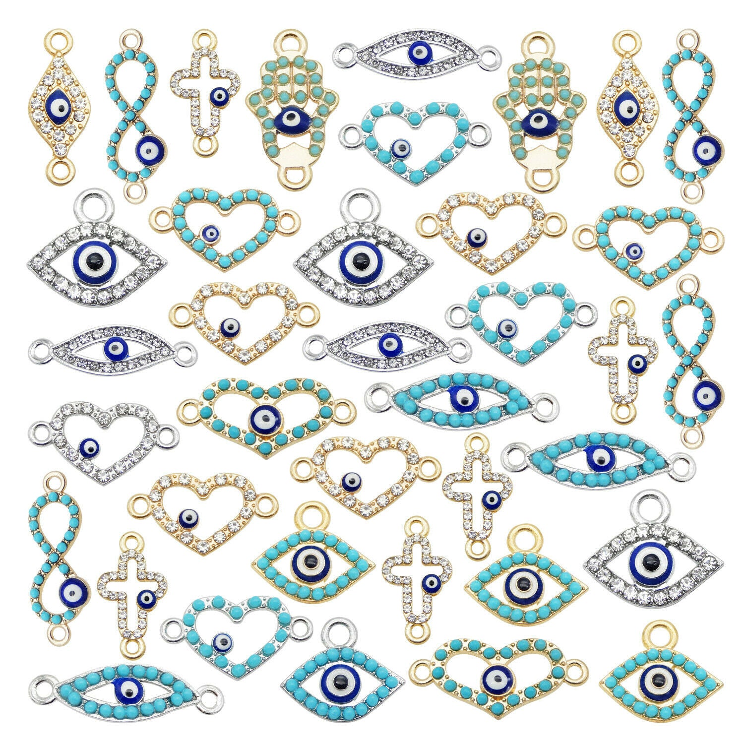 14PCS Assorted Alloy Evil Eye Enamel Charm Rhinestone Pendant Connector Jewelry