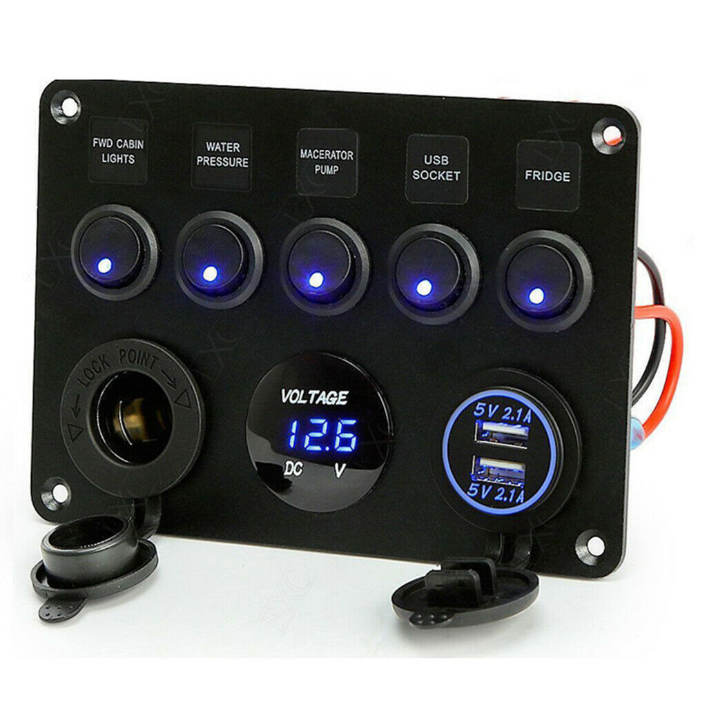 5 Gang LED Rocker Control Panel Switch Circuit Charger 12/24V-Yacht RV Car