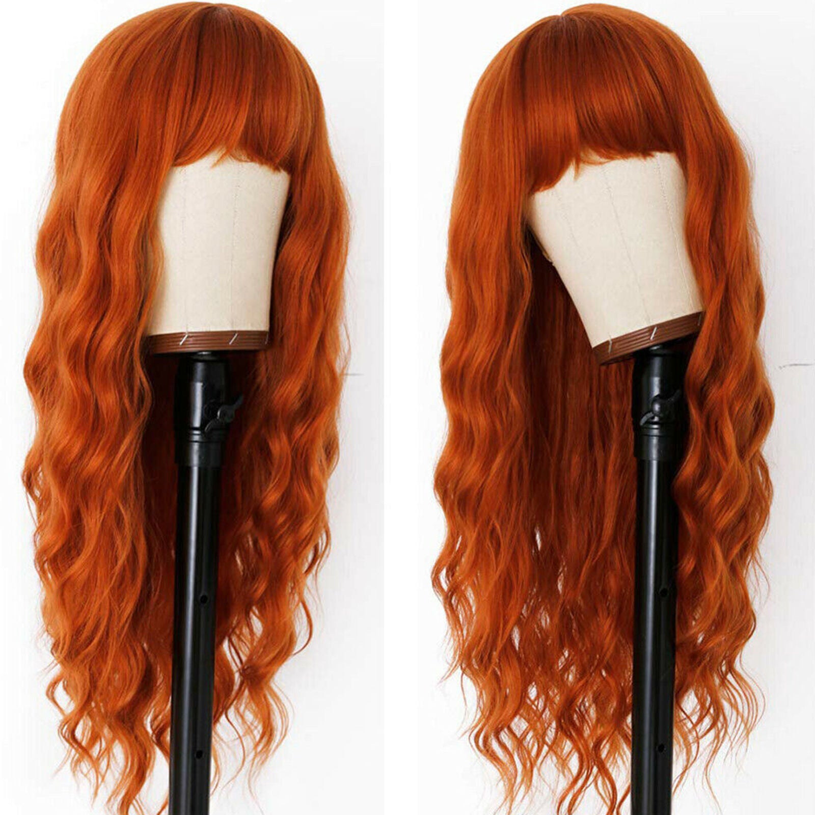 Long Loose Wavy Wig Orange Heat Resistant Synthetic Hair Wigs Full Bangs Natural