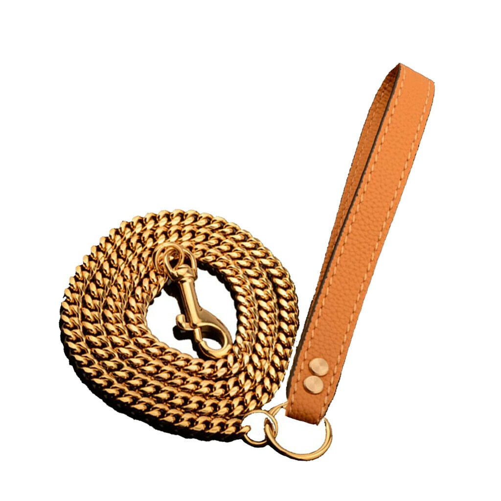 Dog Chain Leash with Leather Handle Dog Walking Leash For Medium Large Dogs