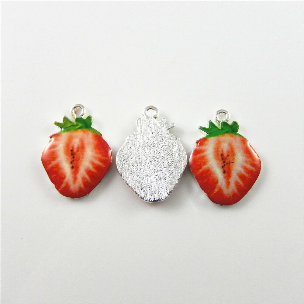 10pcs Enamel Strawberry Charm Fruit Alloy For Pendant Dangle Jewelry DIY 19*26mm