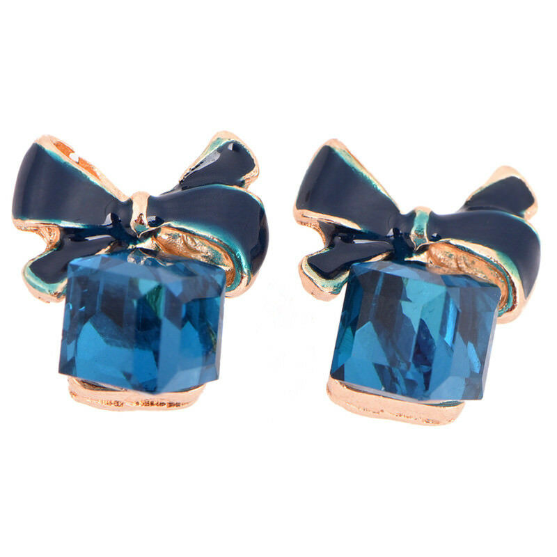Blue Crystal Rhinestone Enamel Bow Ear Stud Bowknot Earrings Women Jewelry  L Pb