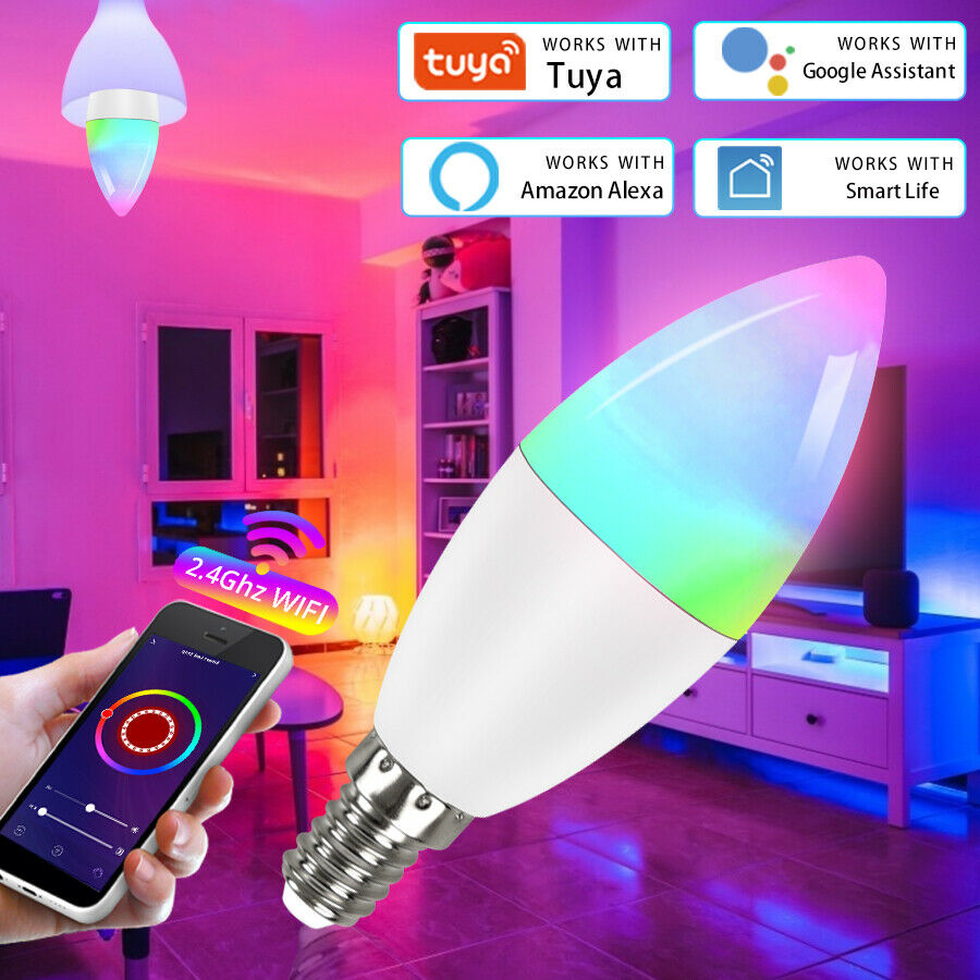 Tuya Wifi Smart Life Light Bulb E14RGB LED Dimmable 5W Candle Lamp Alexa/Google