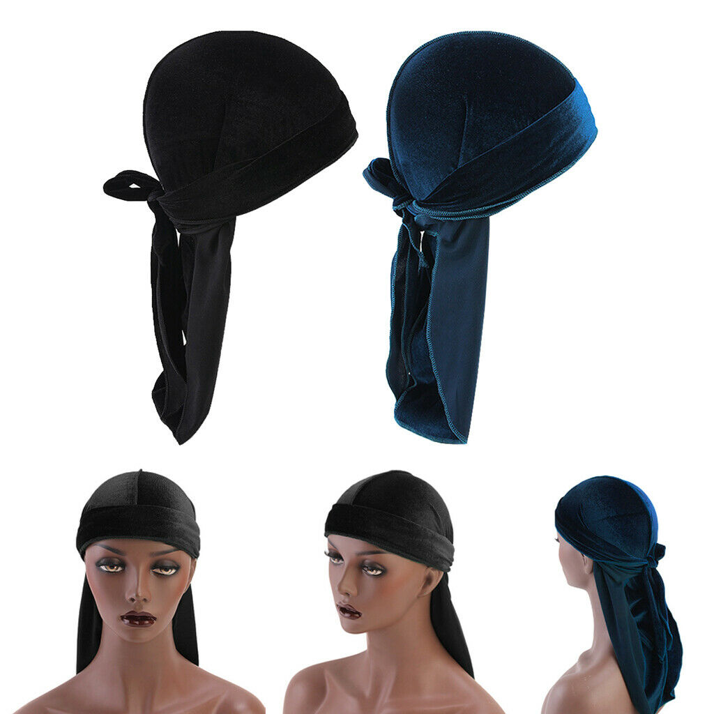 2 Pieces Mens Velvet Bandana Hat Long Tail Muslim Headwear Beanie Chemo Hats