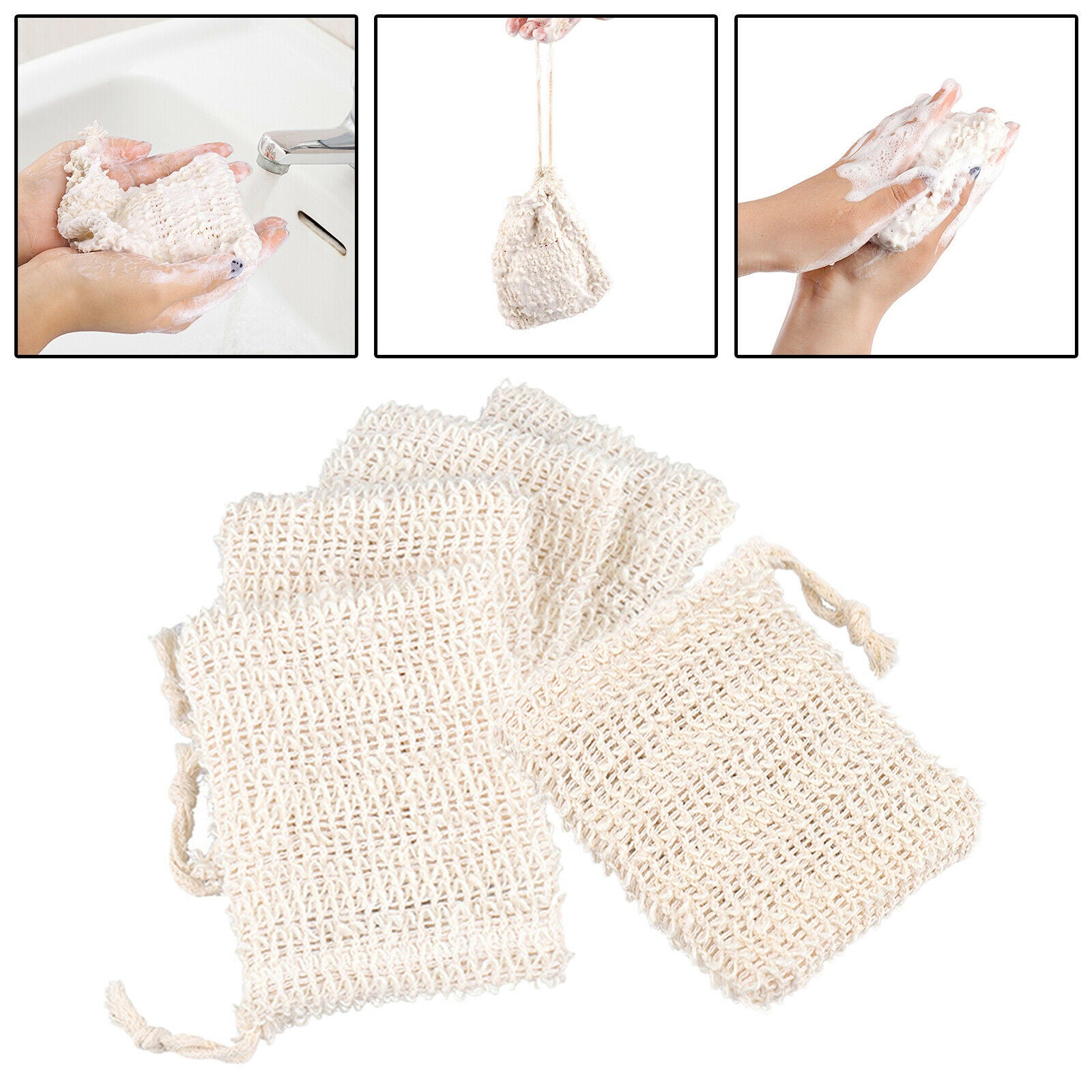 5x Natural Ramie Soap Holder Bag with Drawstring Hand Made for Bath & Shower