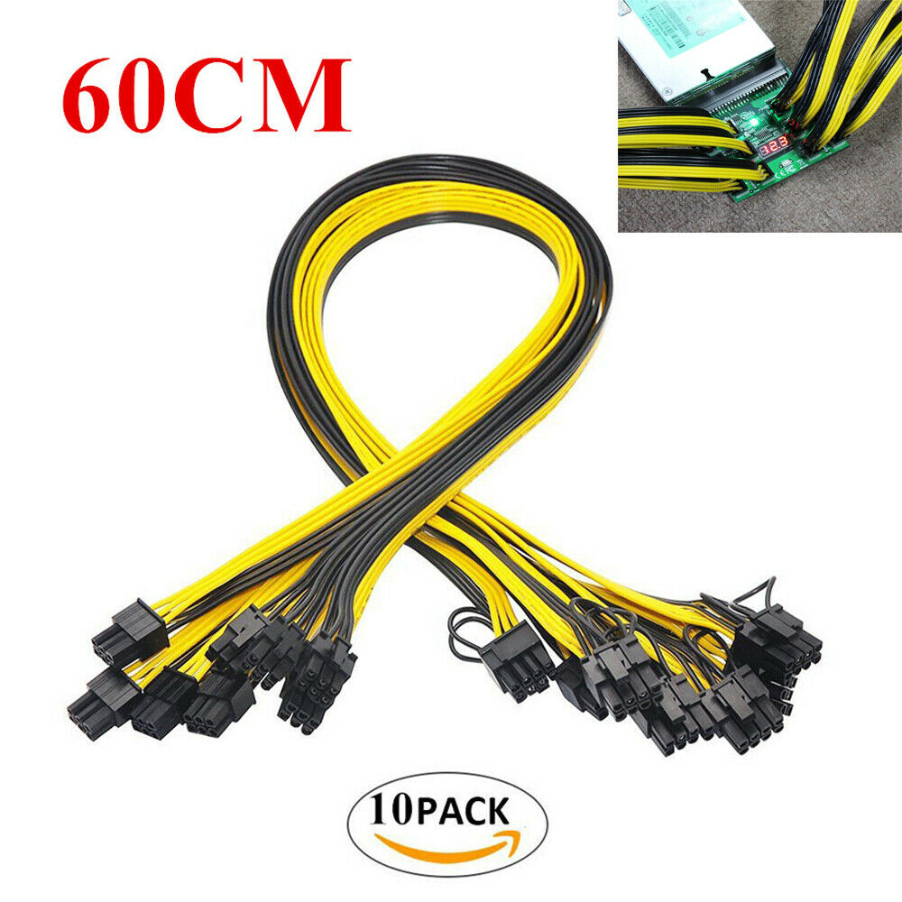 10Pcs 24inch 6pin to 8Pin (6+2Pin) PCI-E Cable 18AWG Mining Plastic & Metal