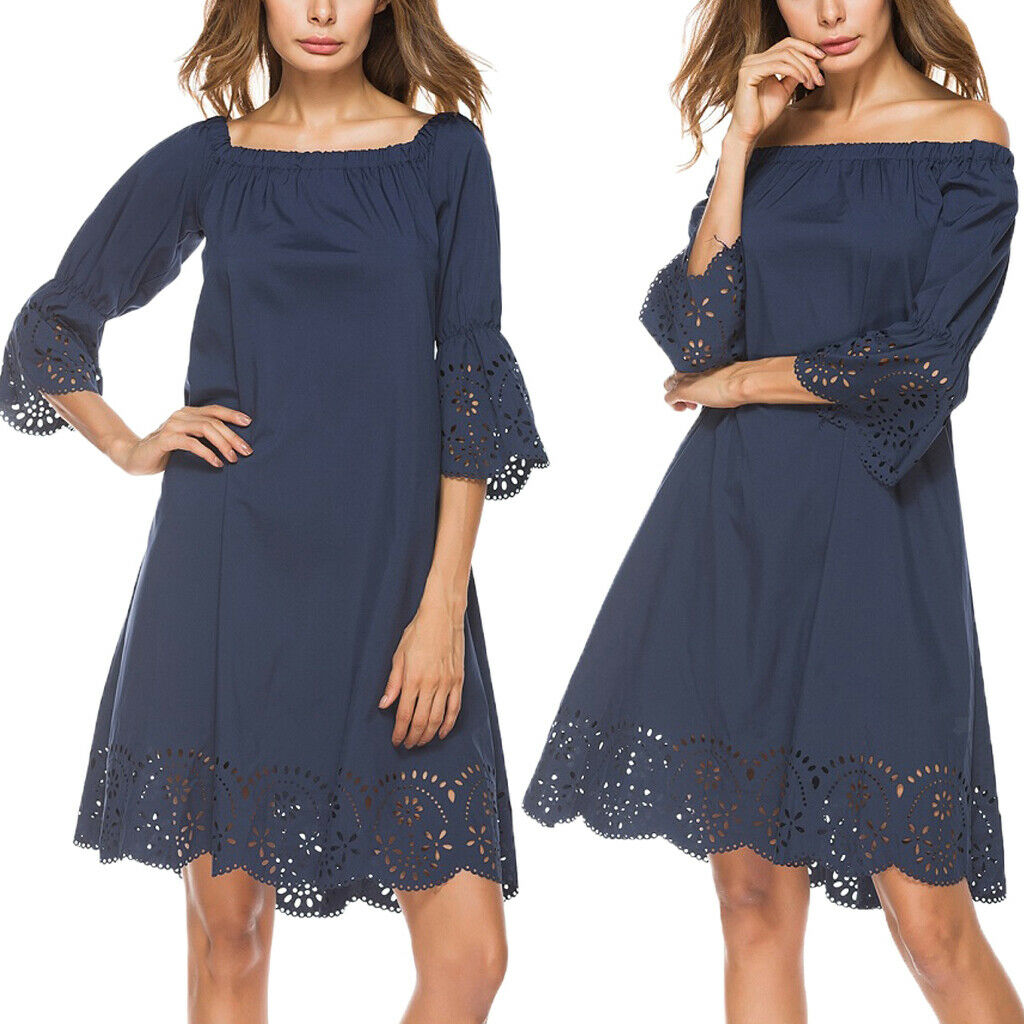 Women 3/4 Sleeve Skirt Off Shoulder Hollow Out Flower Hem Dress Darkblue 1XL