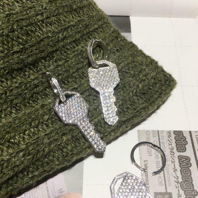 Shiny Full Rhinestone Crystal Key Charm Dangle  Hoop Earrings Women Girlfriend