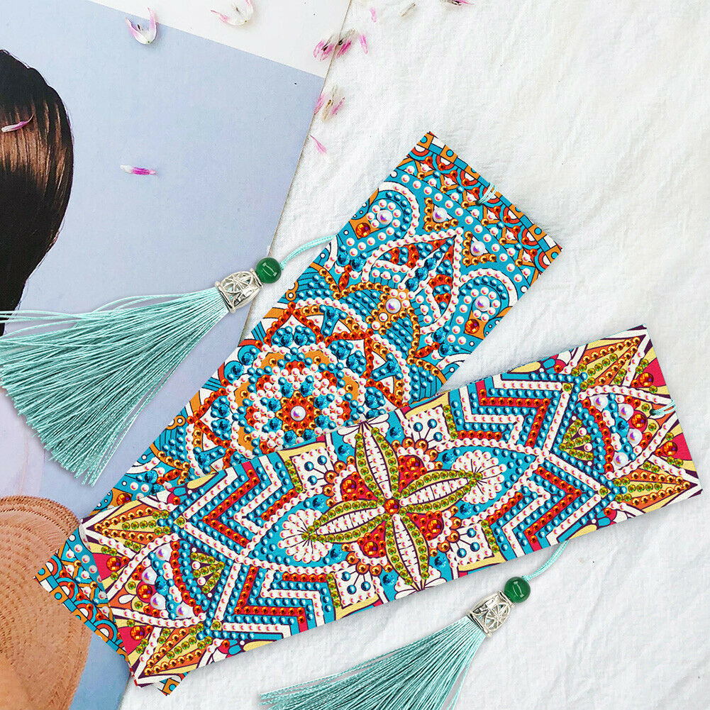 2pcs 5D DIY Special Shape Diamond Painting Leather Tassel Mandala Bookmarks @