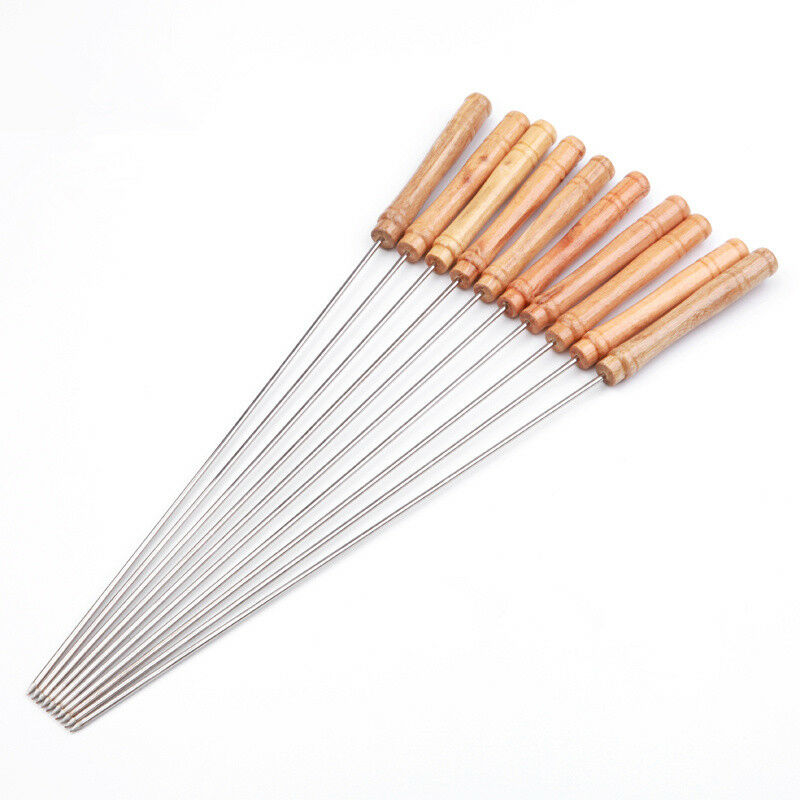 10 Pcs 30cm Stainless Steel BBQ Skewers Barbeque Kabob Needle Wood Sticks