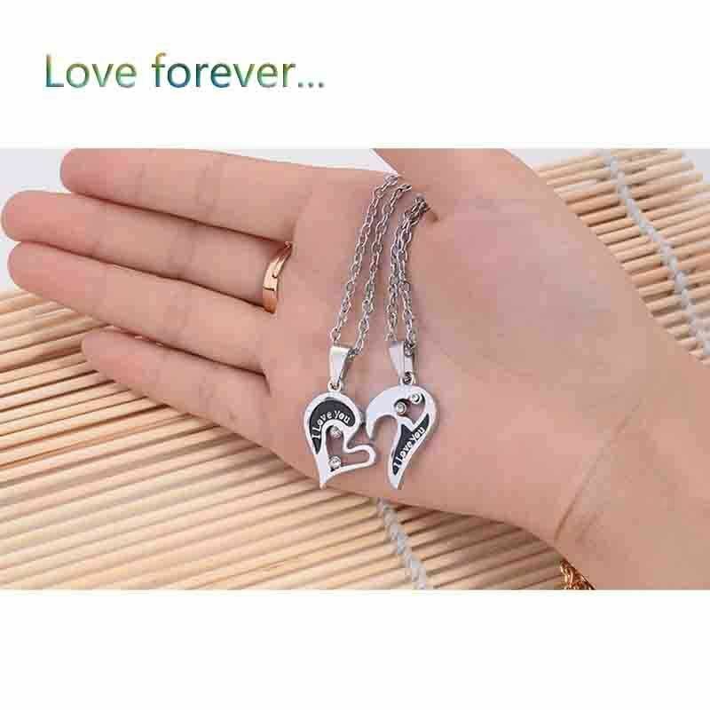 Couple Pendant Necklace Rhinestone I Love You Heart Puzzle Matching Pendant