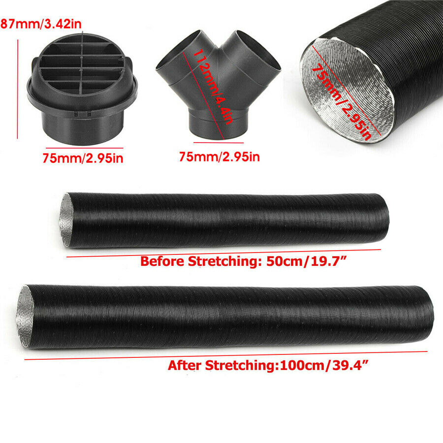 Car Heater 75mm/2.95in Heater Pipe Duct + Warm Air Outlet + Y Branch + Hose Clip