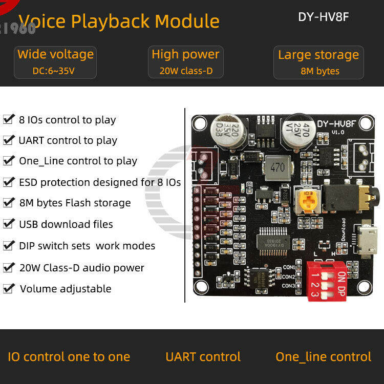 12V/24V Power Supply 10W/20W Voice Playback Module w/8M bytes flash MP3 Player