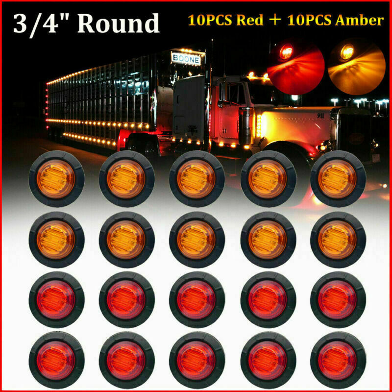 20X 3/4" Marker Lights LED Truck Trailer Round Side Bullet Light Amber/Red 12V