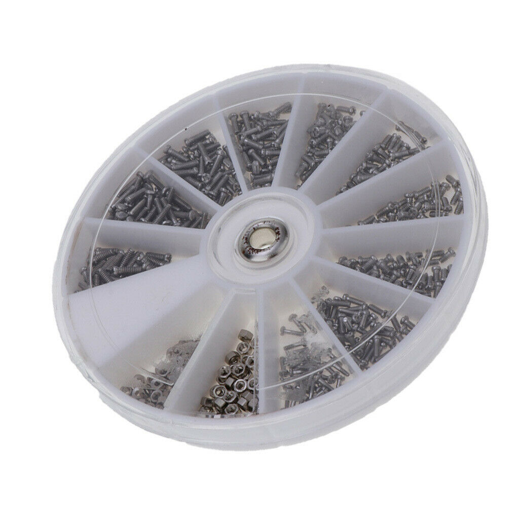 600pcs Tiny Glasses Screws Nuts Watch Repair Tool Kit in 12 Grids Round Box,