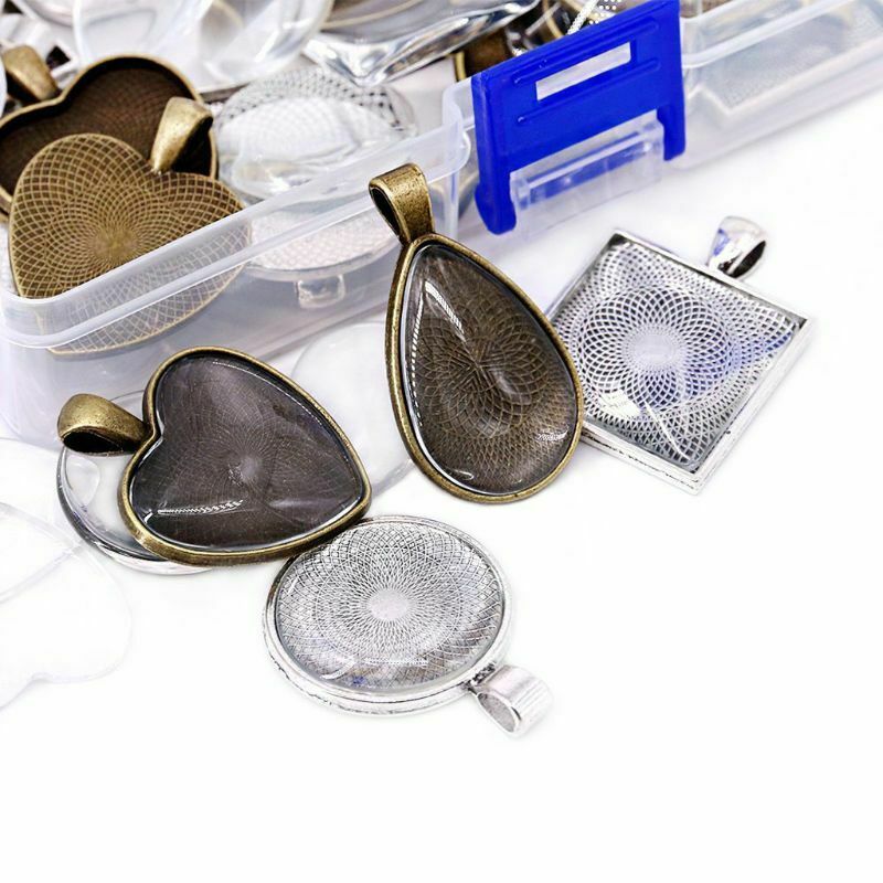 48Pcs DIY Pendant Tray Round Square Heart Teardrop Glass Cabochon Jewelry Making
