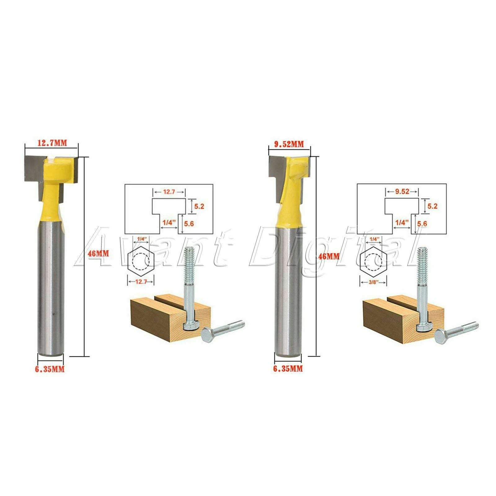 2Pcs 1/4" T-Slot Straight Router Bit Set Tongue & Groove Trim Cutter Rotary Tool