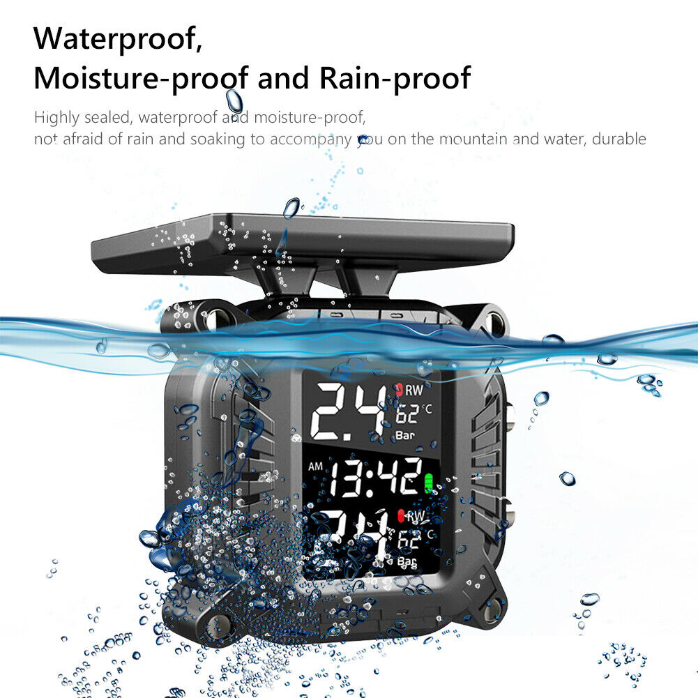 Waterproof Solar Motorcycle TPMS LCD Tire Pressure Monitor System w/ 2 Sensors