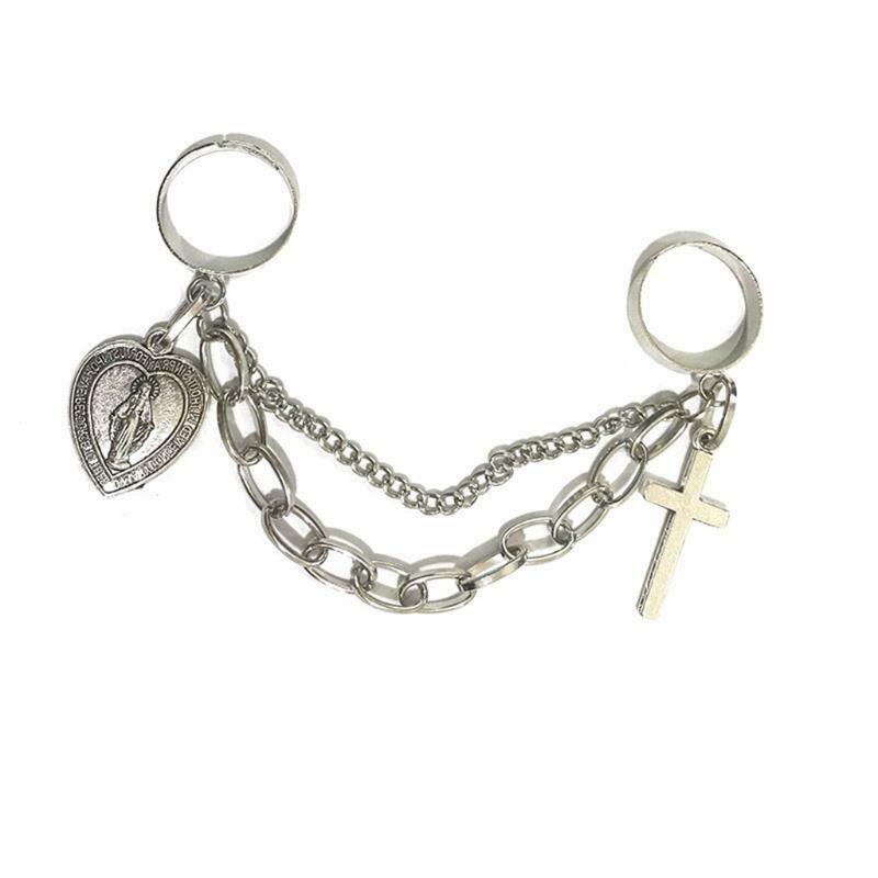 Retro Adjustable Chain Jesus Pendant Ring Alloy Cross Open Rings Hip Hop Jewelry