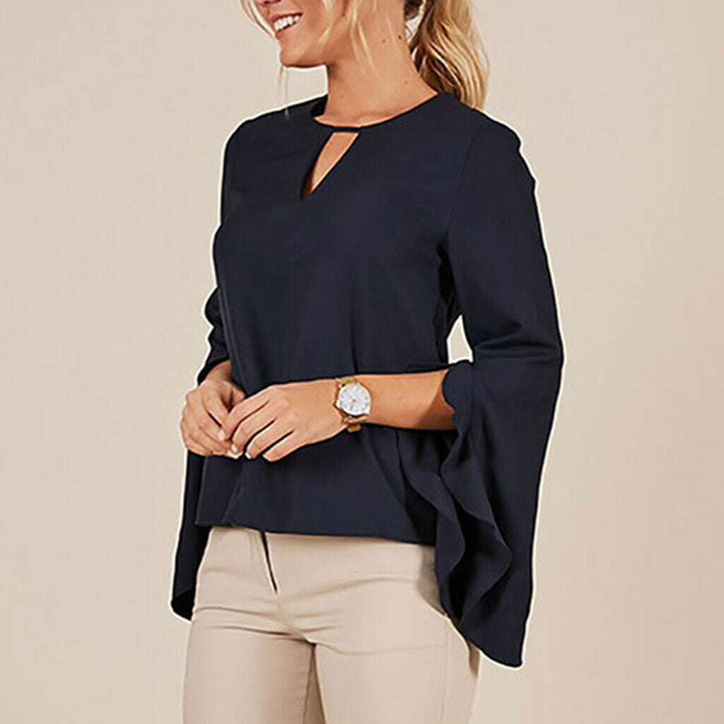 Women's Solid Round Neck Irregular Ruffle Sleeve Chiffon Shirt Blouse L Blue