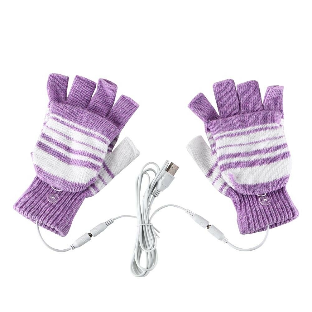 USB Heated Warm Gloves Half Finger Winter Heating Knitting Mittens Purple 5V