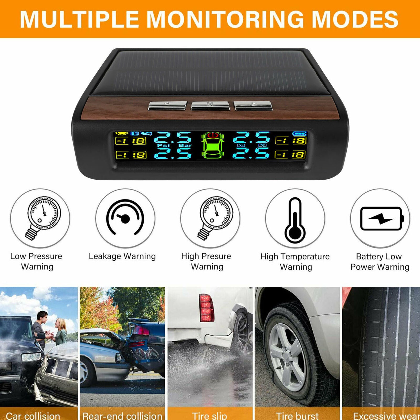 Solar TPMS Wireless Auto Car Tire Pressure LCD Monitoring System W/ 4 External