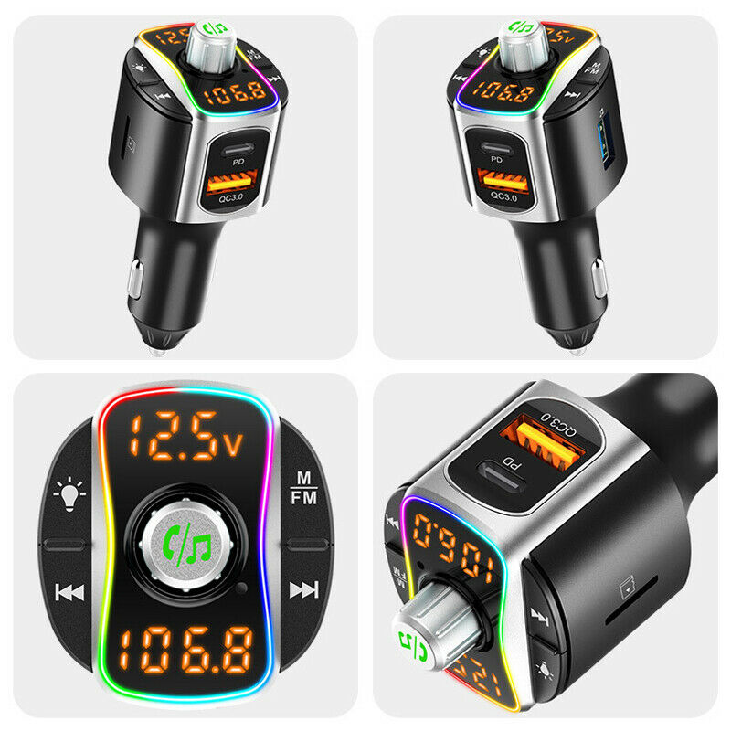 Bluetooth FM Transmitter Wireless Radio Adapter QC3.0 Support TF Card & USB Disk