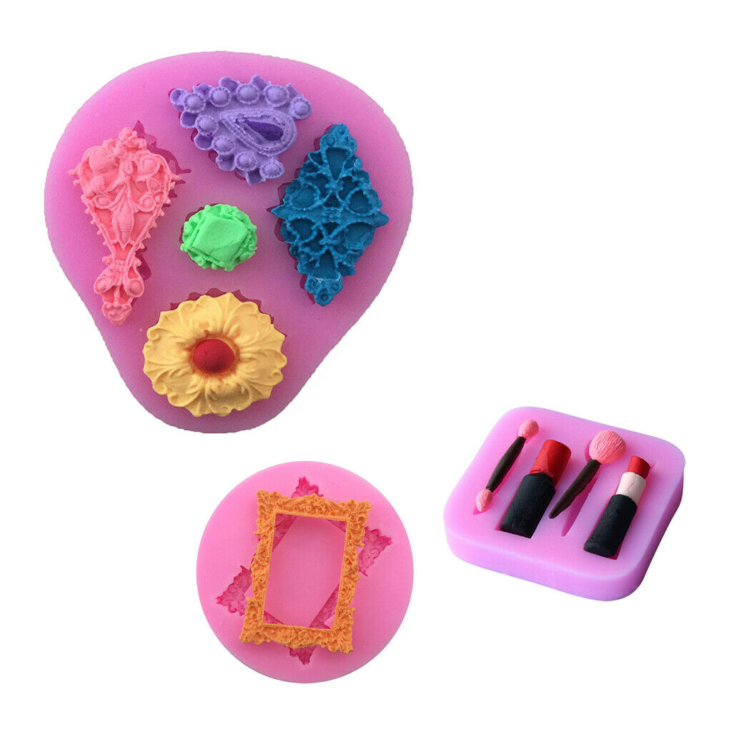 Set of 3 Silicone Fondant Cake Sugarcraft Mould Tools Lipstick Gem Frame