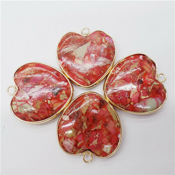 4Pcs 31x26x6mm Golden Wrapped Red Sea Sediment Jasper Love Heart Pendant HH8980