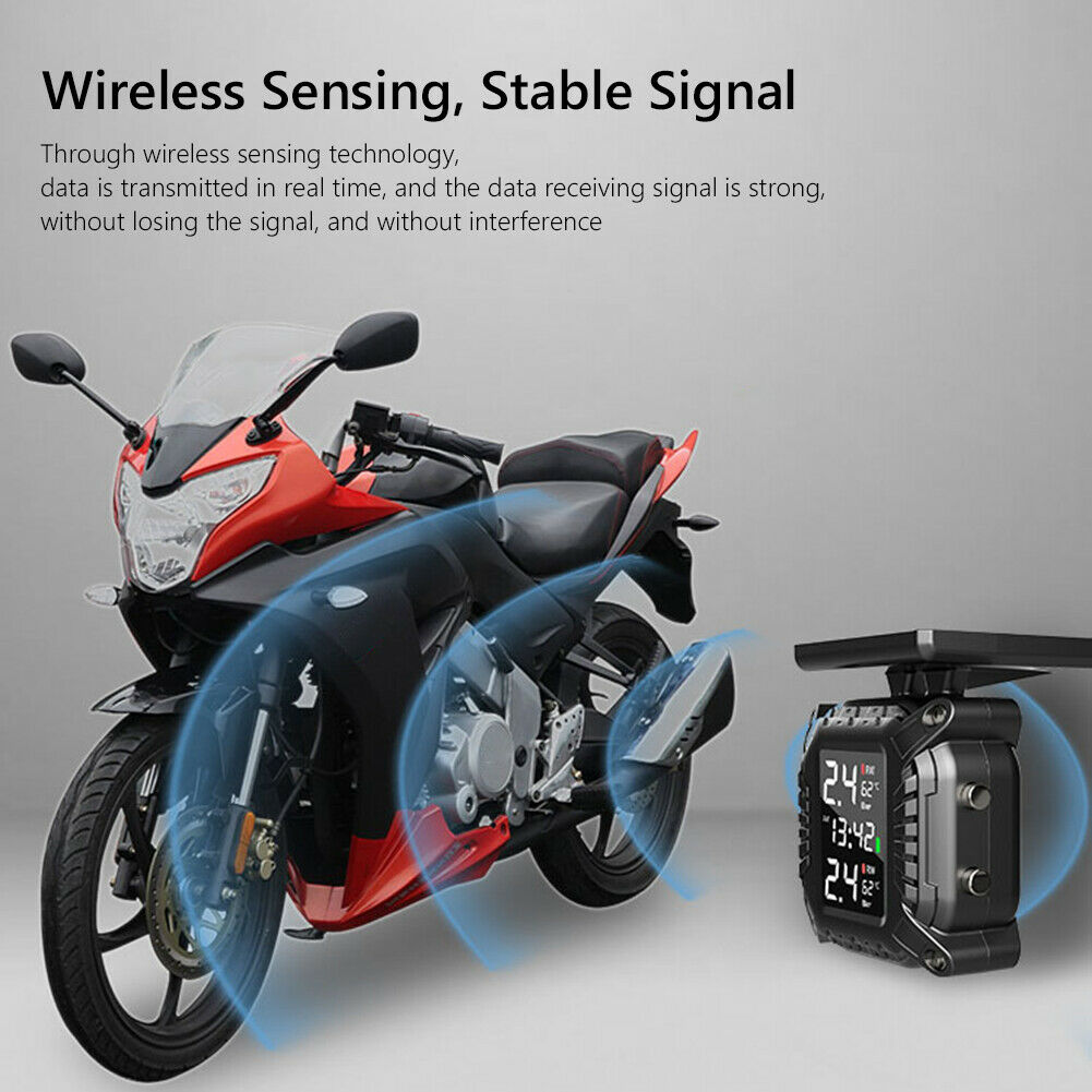 Waterproof Solar Motorcycle TPMS LCD Tire Pressure Monitor System w/ 2 Sensors
