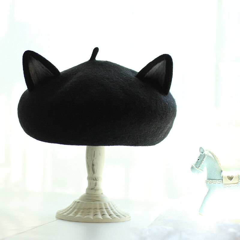 Lady Beret Cap Painter Hat Lolita Wool Blend Black Cat Ear Beanie Thermal Winter