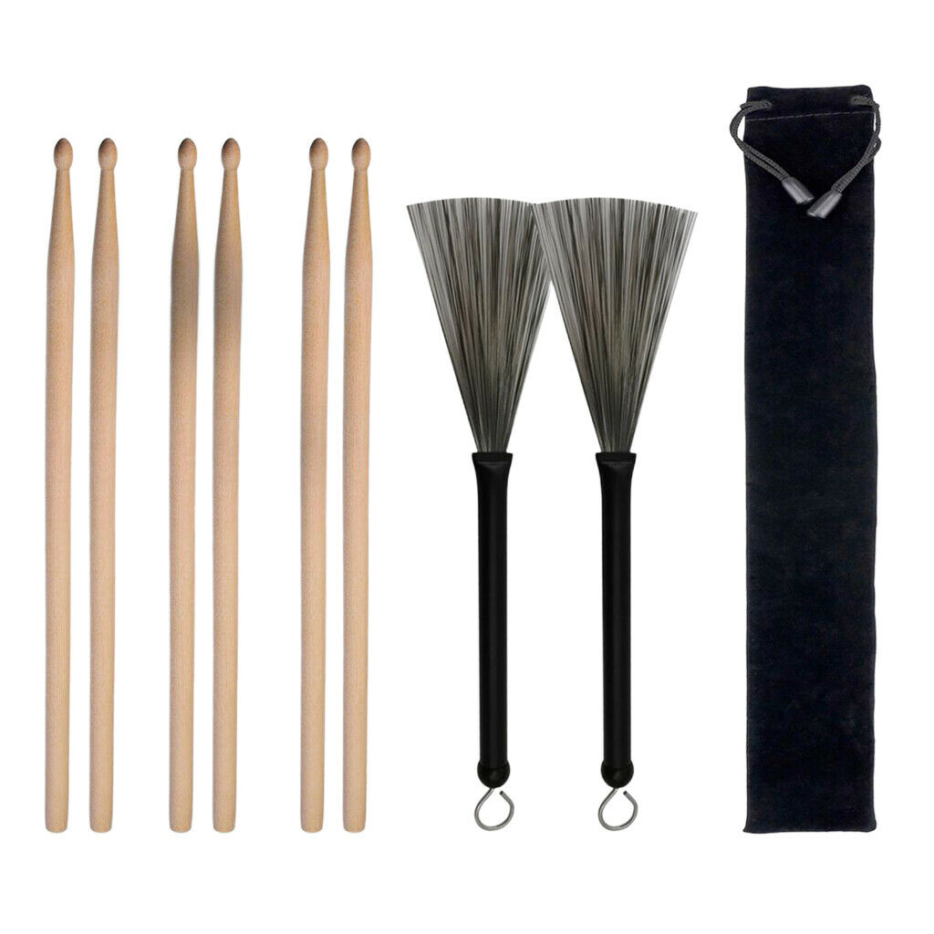 Drum Sticks 5A & 1 Pair Retractable Drum Wire Brushes w/ a Storage Bag