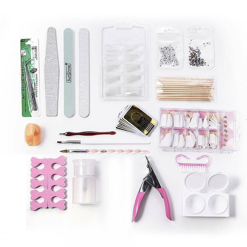 1 Set Full Acrylic Powder Nail Art Tool Set Tips Brush Manicure Tool Kit Lot ~