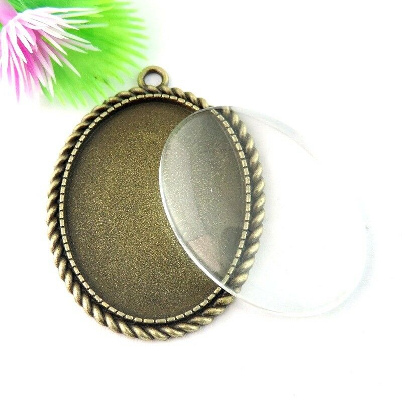 2 sets Antiqued Bronze Base Setting with Glass Cabochon Oval Pendant 40x30mm