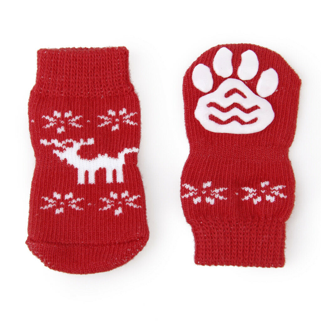 Christmas Reindeer Pet Dog Puppy Cat Non-Slip Socks with Paw Prints Size S