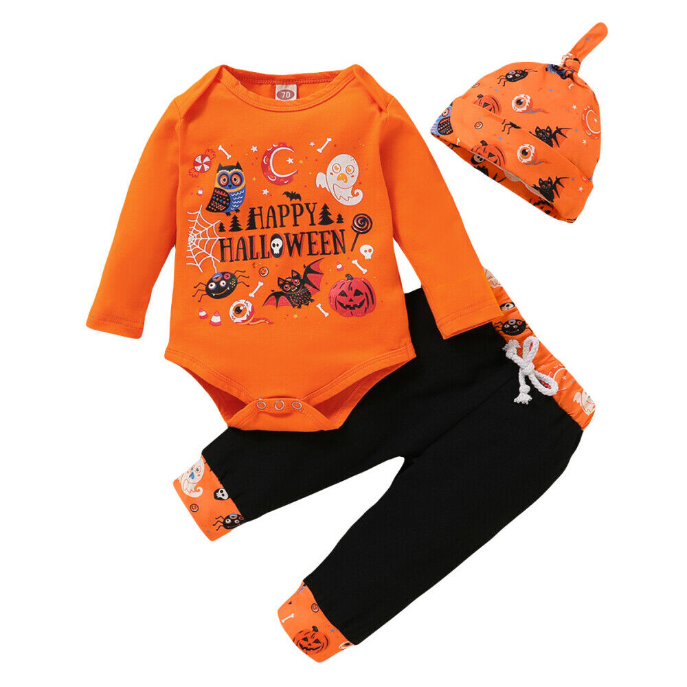 3pcs Newborn Baby Toddler Halloween Clothes Suit Long Sleeve Romper + Pants +Hat